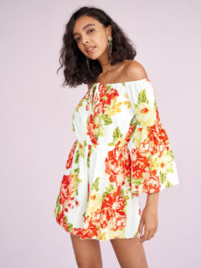 Allover Flower Print Bell Sleeve Tie Front Off Shouder Romper