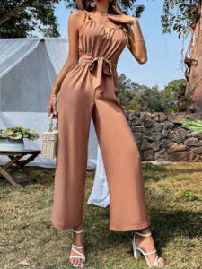 Solid Belt Tie Strap Hollow Wide Leg Jumpsuit