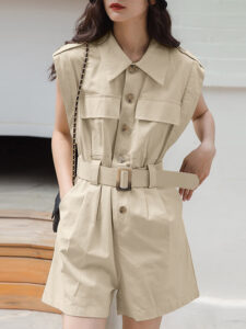 Solid Belt Pocket Button Lapel Short Sleeve Cargo Romper