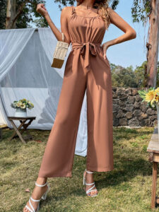 Solid Belt Tie Strap Hollow Wide Leg Jumpsuit