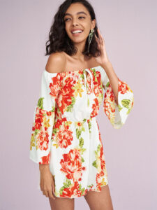 Allover Flower Print Bell Sleeve Tie Front Off Shouder Romper