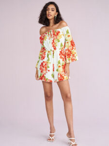 Allover Flower Print Bell Sleeve Tie Front Off Shouder Romper