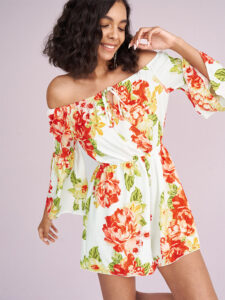 Allover Flower Print Bell Sleeve Tie Front Off Shouder Romper