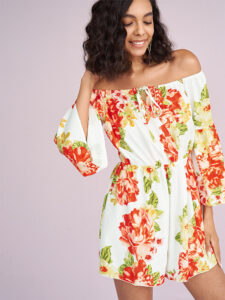 Allover Flower Print Bell Sleeve Tie Front Off Shouder Romper