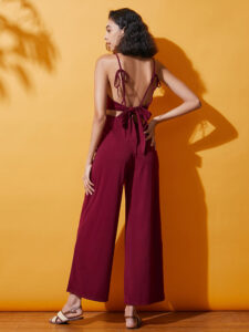 Solid Spaghetti Strap Lace Up Open Back Wide Leg Jumpsuit