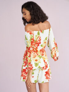 Allover Flower Print Bell Sleeve Tie Front Off Shouder Romper