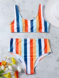 Colorful Stripe T-Shirt High Waisted Bikinis