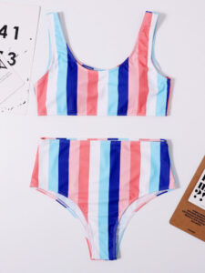 Colorful Stripe T-Shirt High Waisted Bikinis