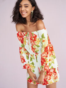 Allover Flower Print Bell Sleeve Tie Front Off Shouder Romper