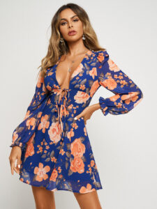 Floral Print Deep V Neck Lace Up Dress