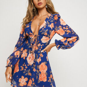 Floral Print Deep V Neck Lace Up Dress