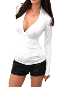 Women Stretchy Long Sleeve Deep V Neck Front Cross Pure Color T-shirt