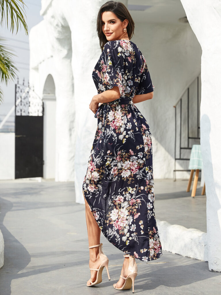 Flower Split Belt Chiffon Maxi Dress