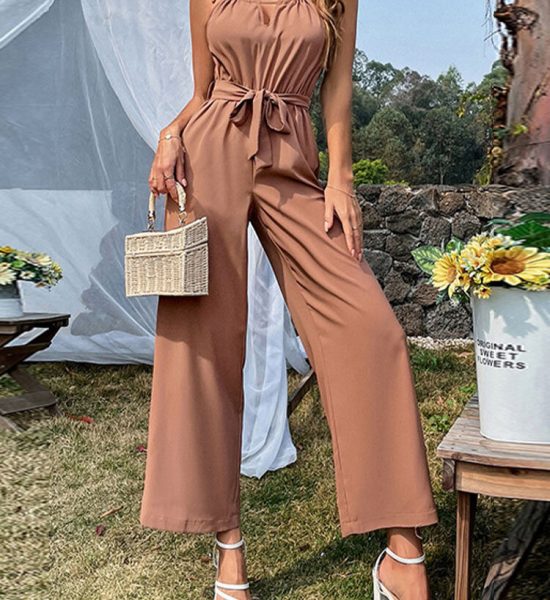 Solid Belt Wide Leg Jumpsuit