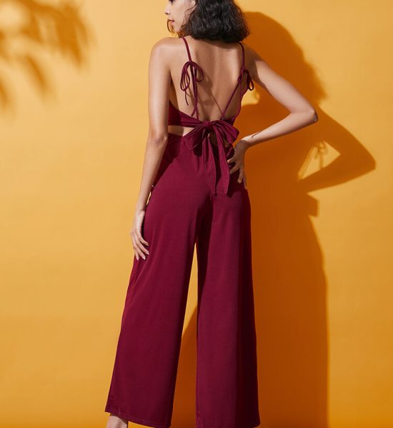 Solid Spaghetti Strap Lace Up Open Back Wide Leg Jumpsuit