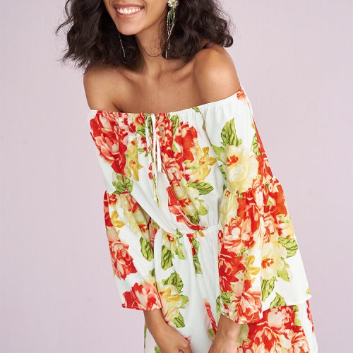 Allover Flower Print Bell Sleeve Tie Front Off Shouder Romper